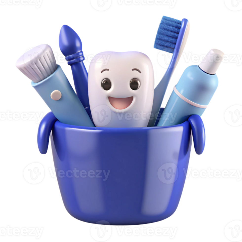 Smiling Tooth with Dental Tools in a Blue Bucket png