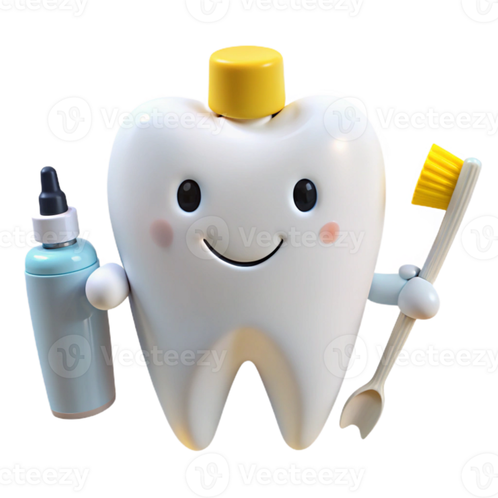 Smiling Tooth Holding Mouthwash and Toothbrush png