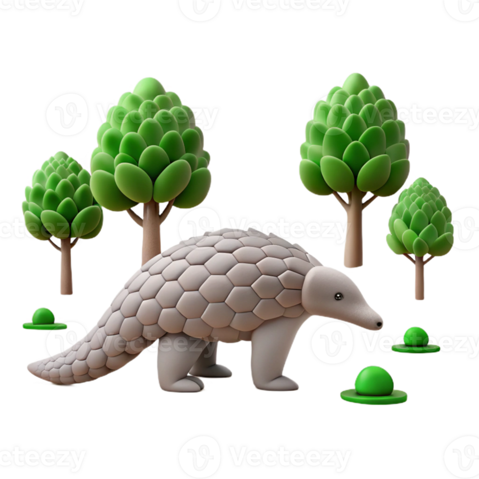 3D Render of a Pangolin with Trees and Mushrooms png