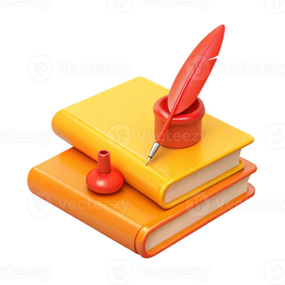 Stack of Books with Quill Pen and Inkwell png