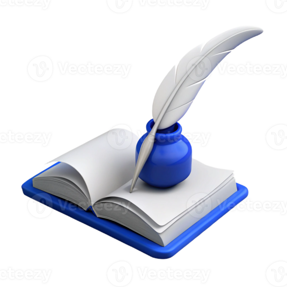 Writing, Quill Pen, Ink, Open Book, Blue, White, 3D Rendering png