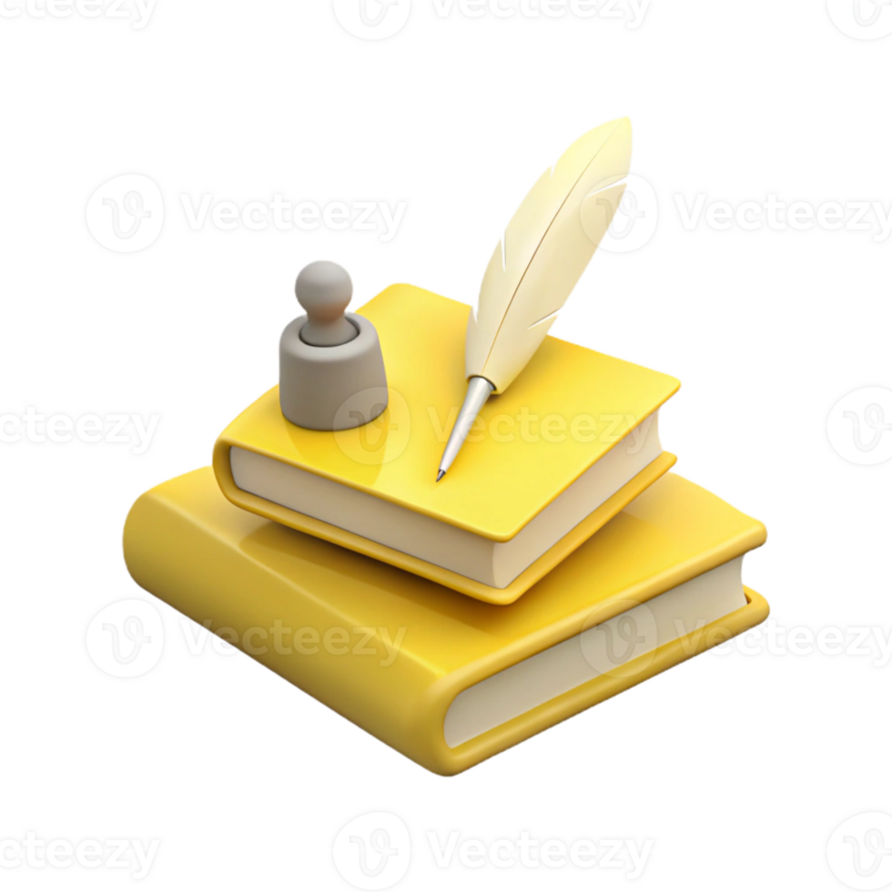 Writing with a Quill Pen on Top of Books png