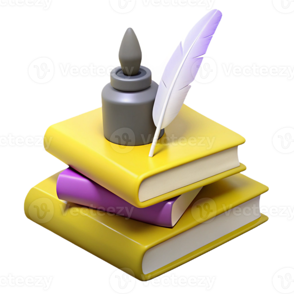 Stack of Books with Inkwell and Quill png
