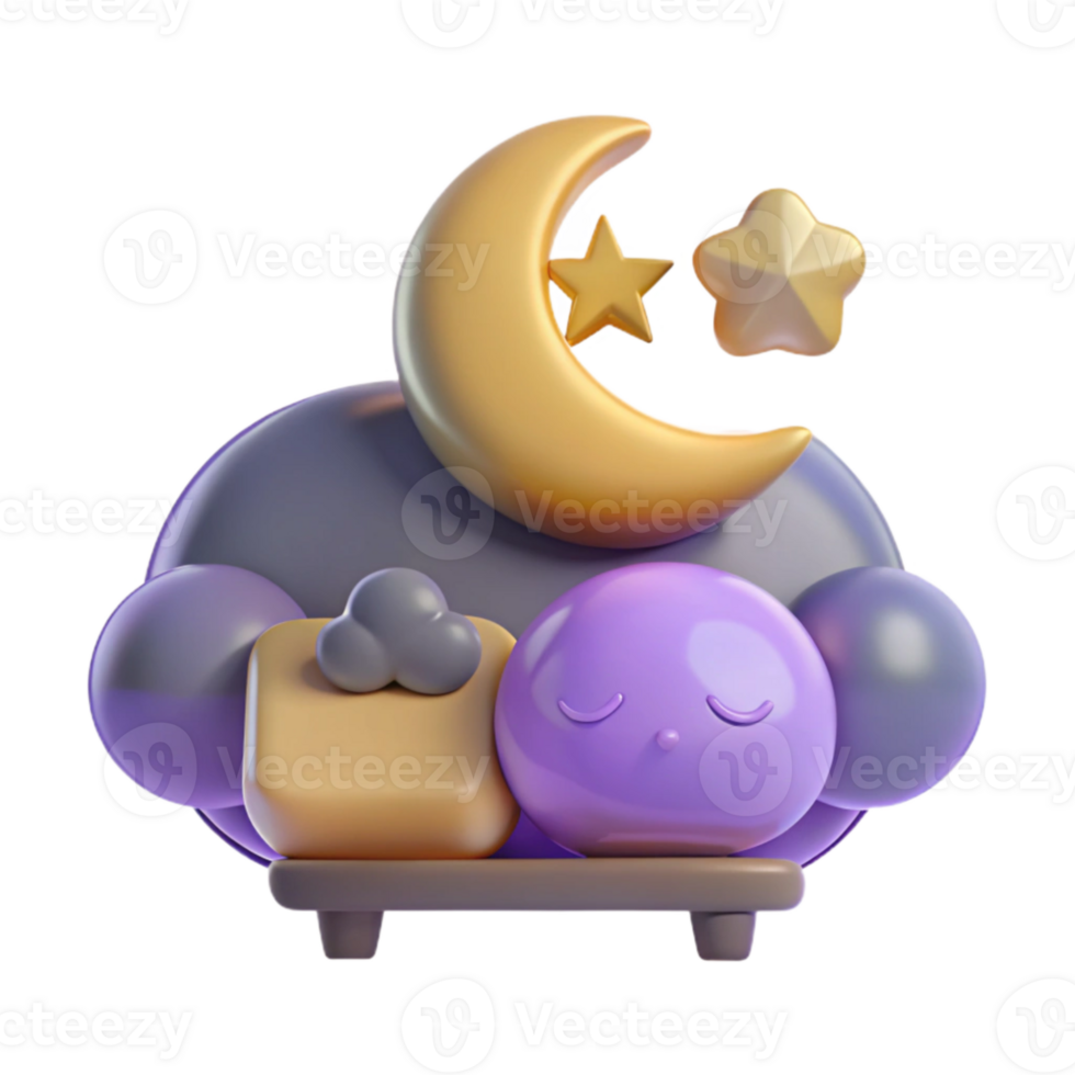 3D Rendered Illustration of a Sleeping Character with a Crescent Moon and Stars png