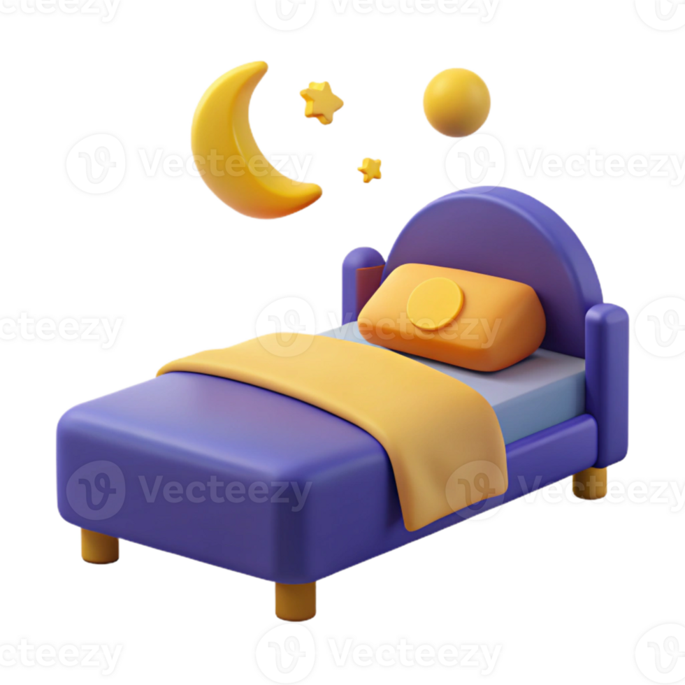 3D Render of a Bed with a Yellow Blanket and a Crescent Moon png