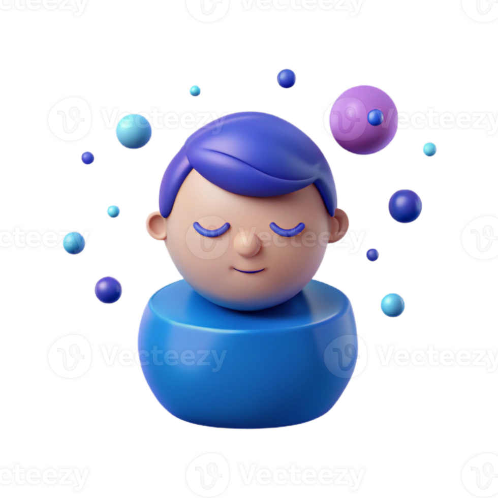 3D Cartoon Character With Closed Eyes Surrounded by Floating Colorful Spheres png