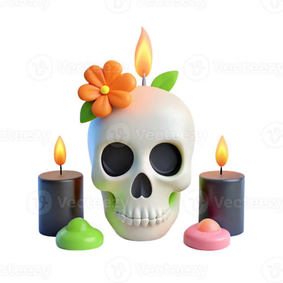 3D Skull with Candles and Flower png