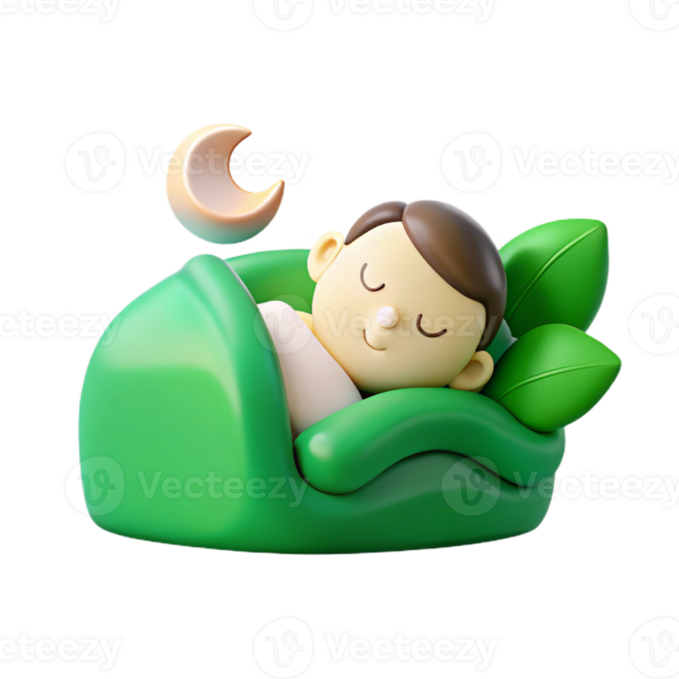 Sleeping Character in Green Bed with Crescent Moon png
