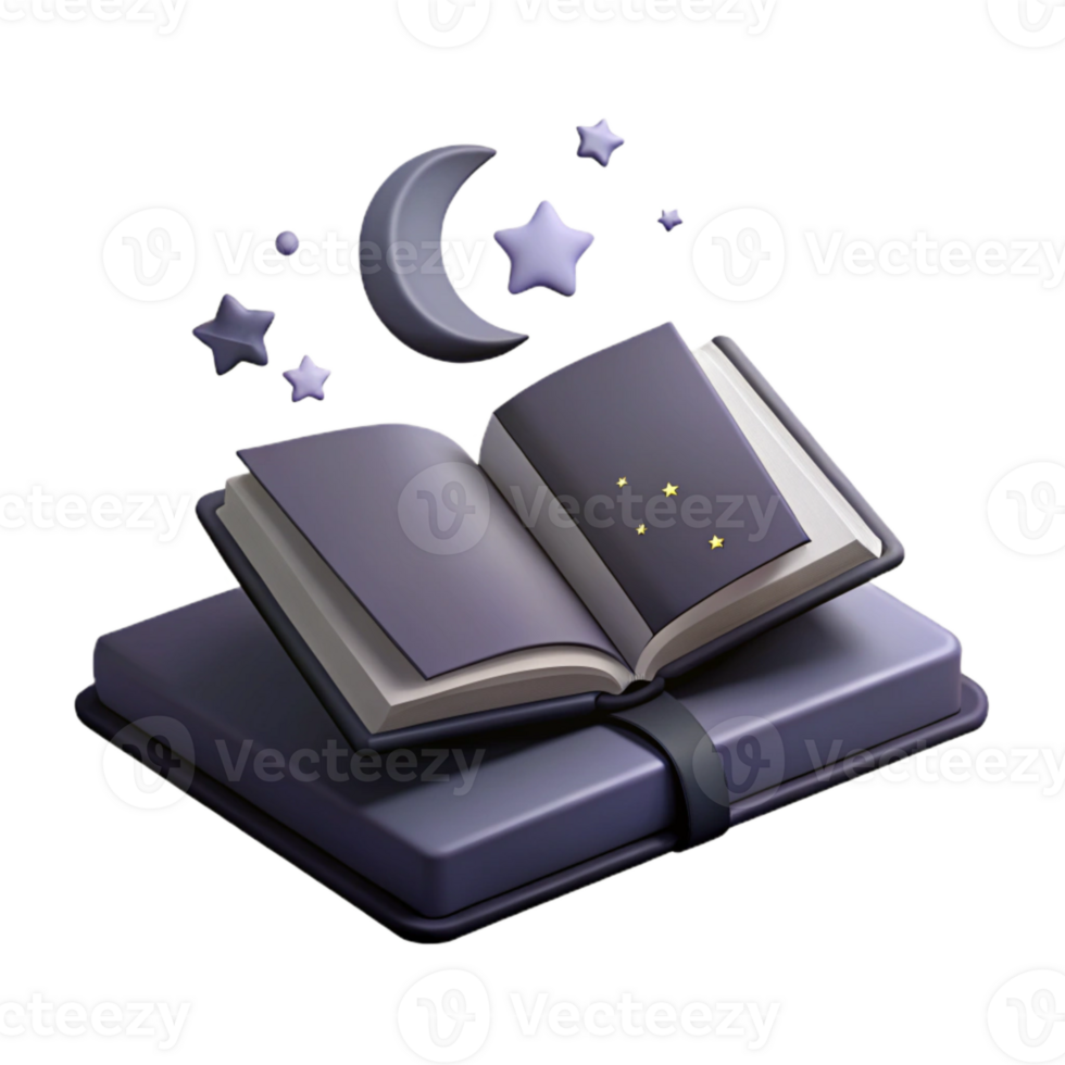 Open Book with Crescent Moon and Stars 3D Illustration png