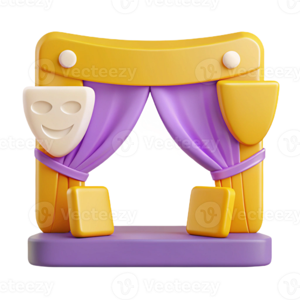 3D Render of a Purple Stage Curtain with Yellow Frame and Seats png
