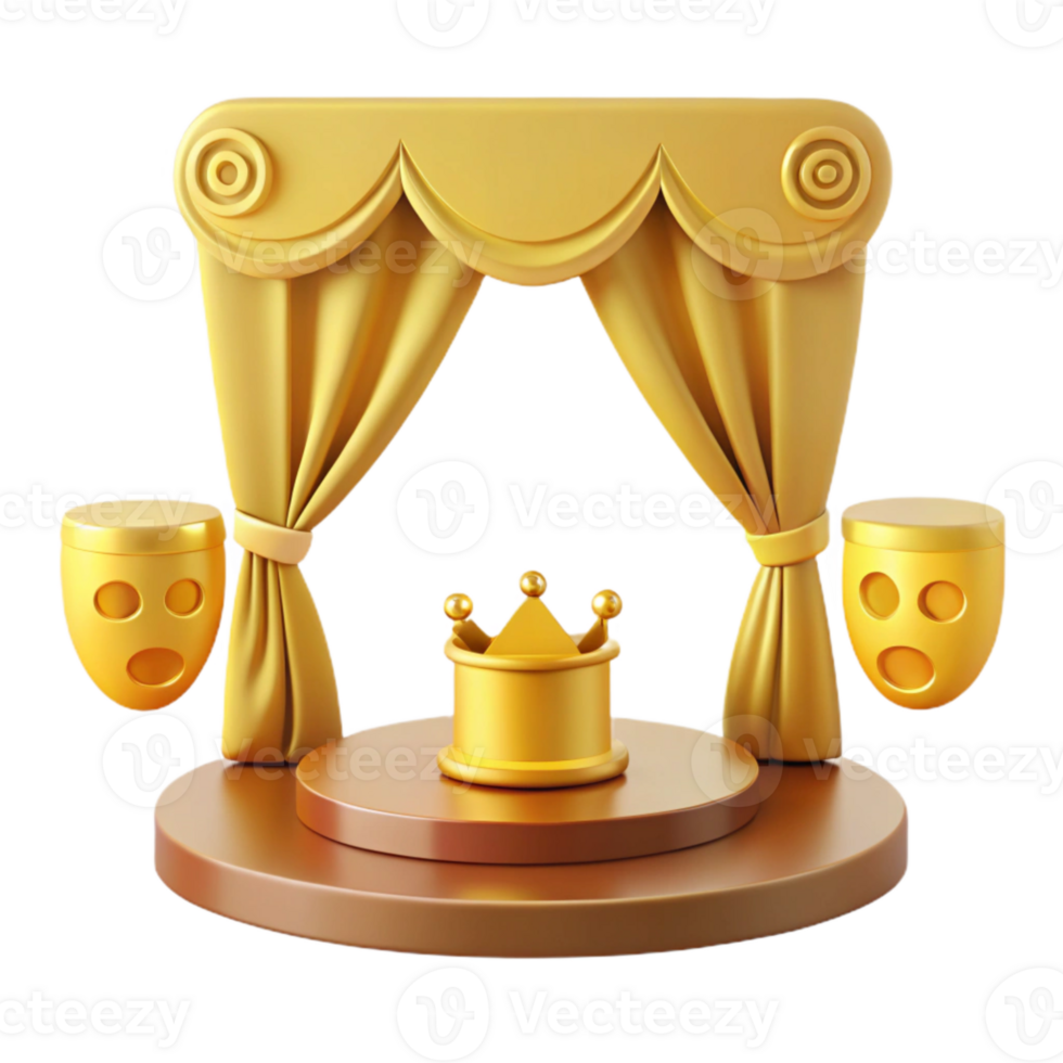 Golden Stage with Crown and Masks A Playful 3D Render png