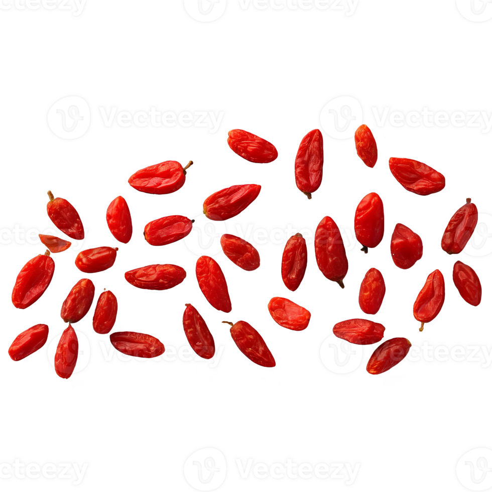 Dried goji berries vibrant red and slightly oblong piled on a transparent background viewed from png