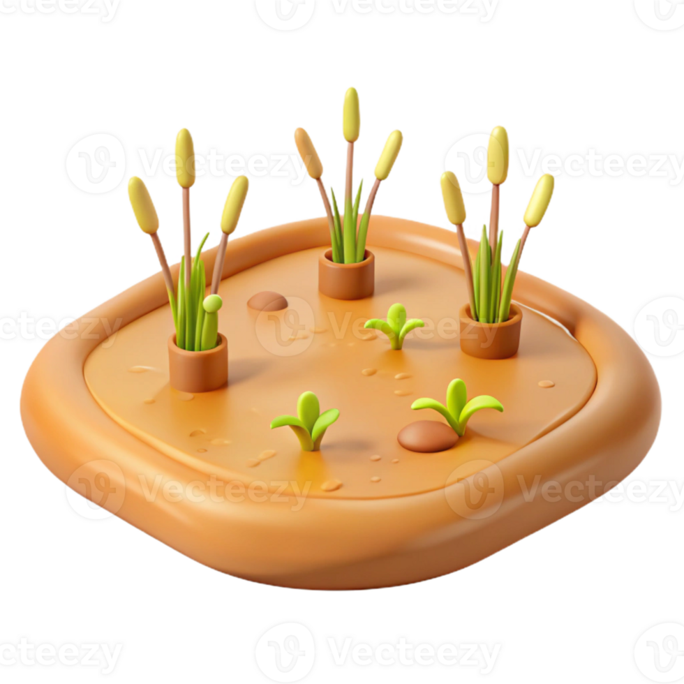 3D Render of a Small Pond with Reeds and Plants png