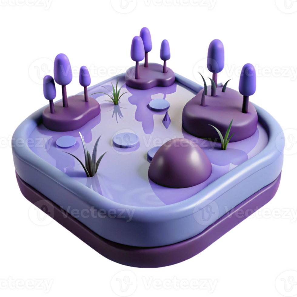 Purple 3D Cartoon Lake Scene with Grass and Trees png