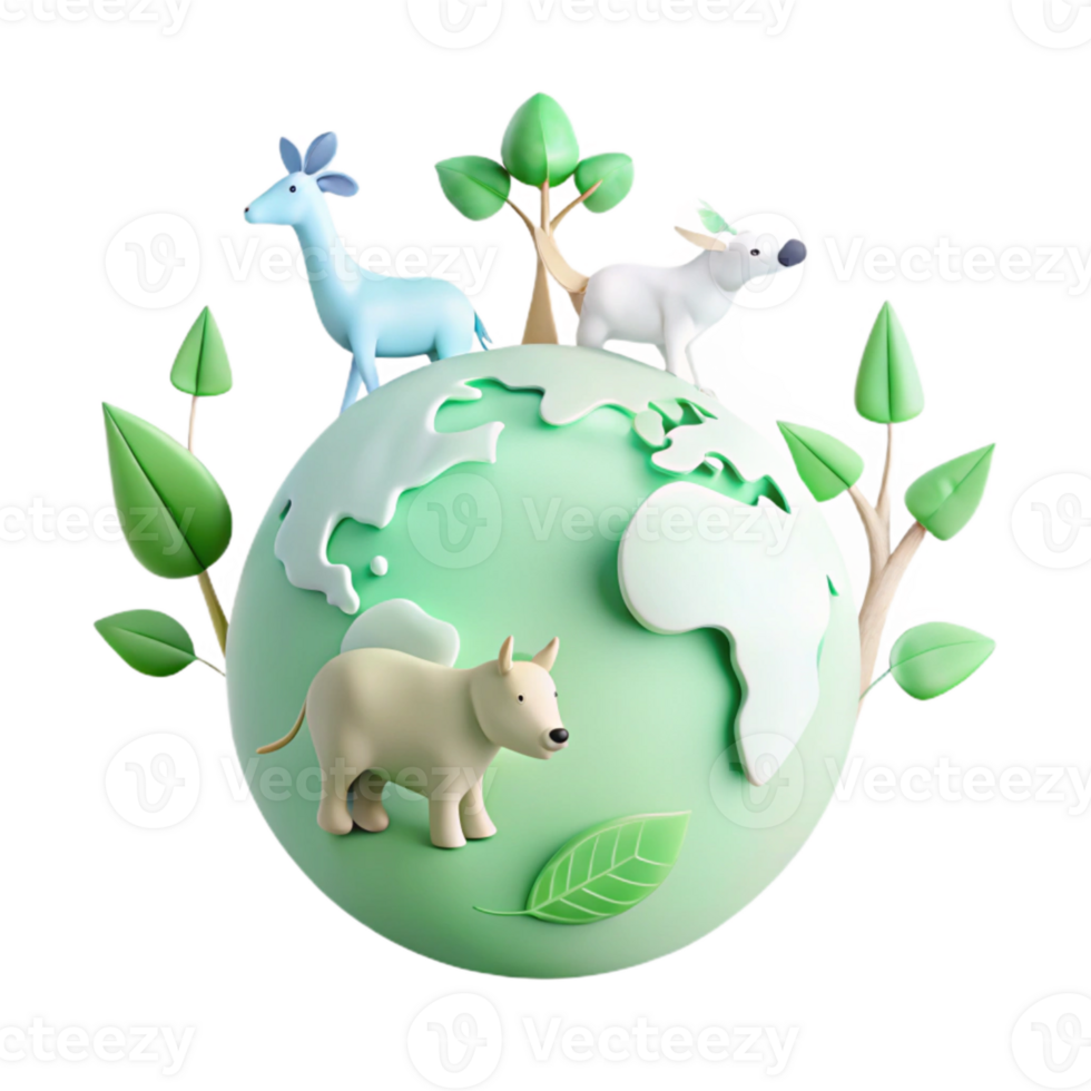 3D Render of Earth with Animals and Trees A Symbol of Sustainability png