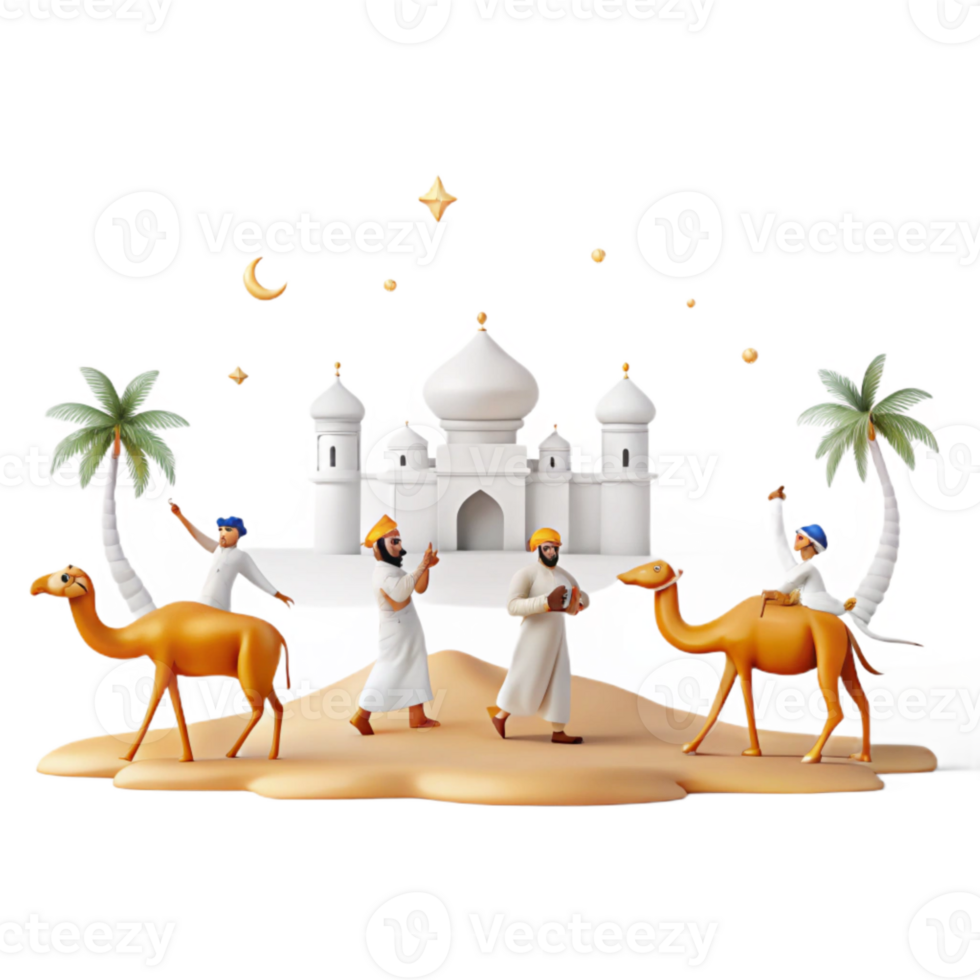Islamic Illustration with Mosque, Camels, and Palm Trees png