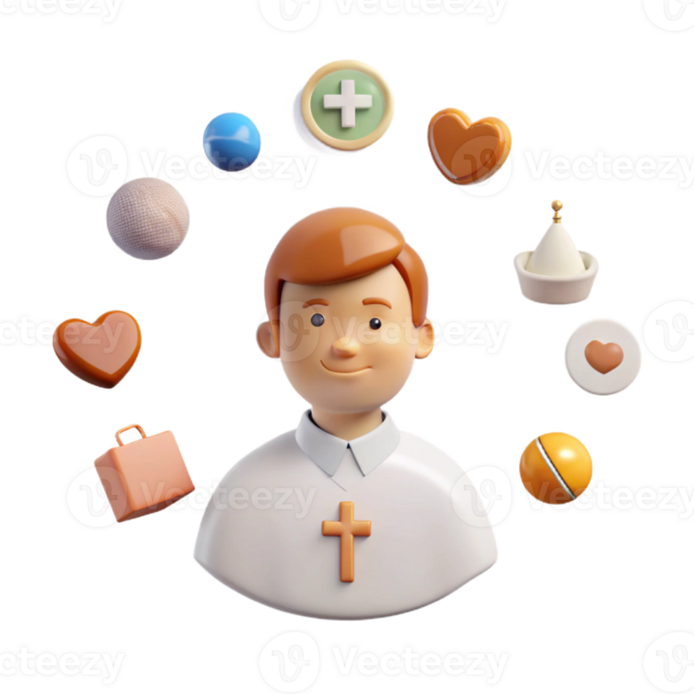 3D Character with Surrounding Symbols Cross, Hearts, and More png