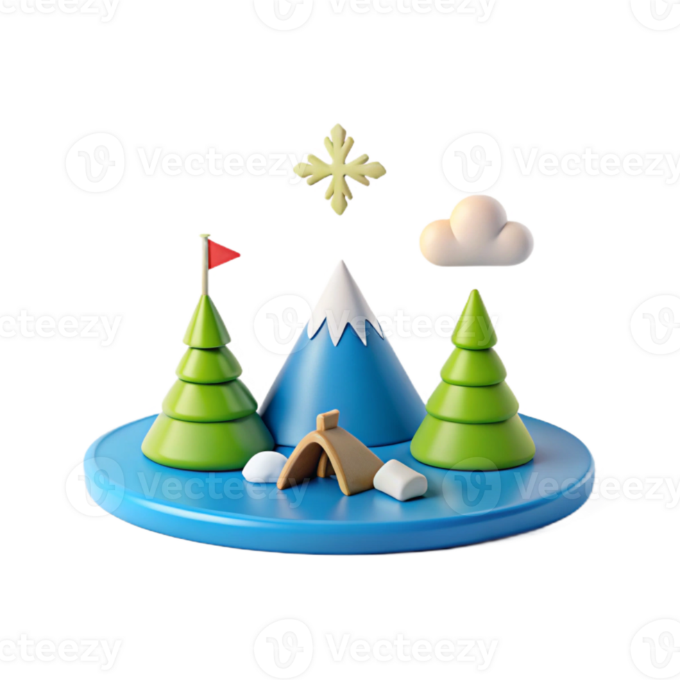 Winter Camping Scene with Mountain, Trees, and Tent png
