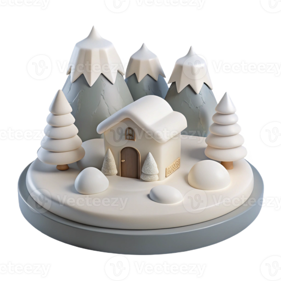 Winter Wonderland Scene with a Snowy Cabin and Mountains png