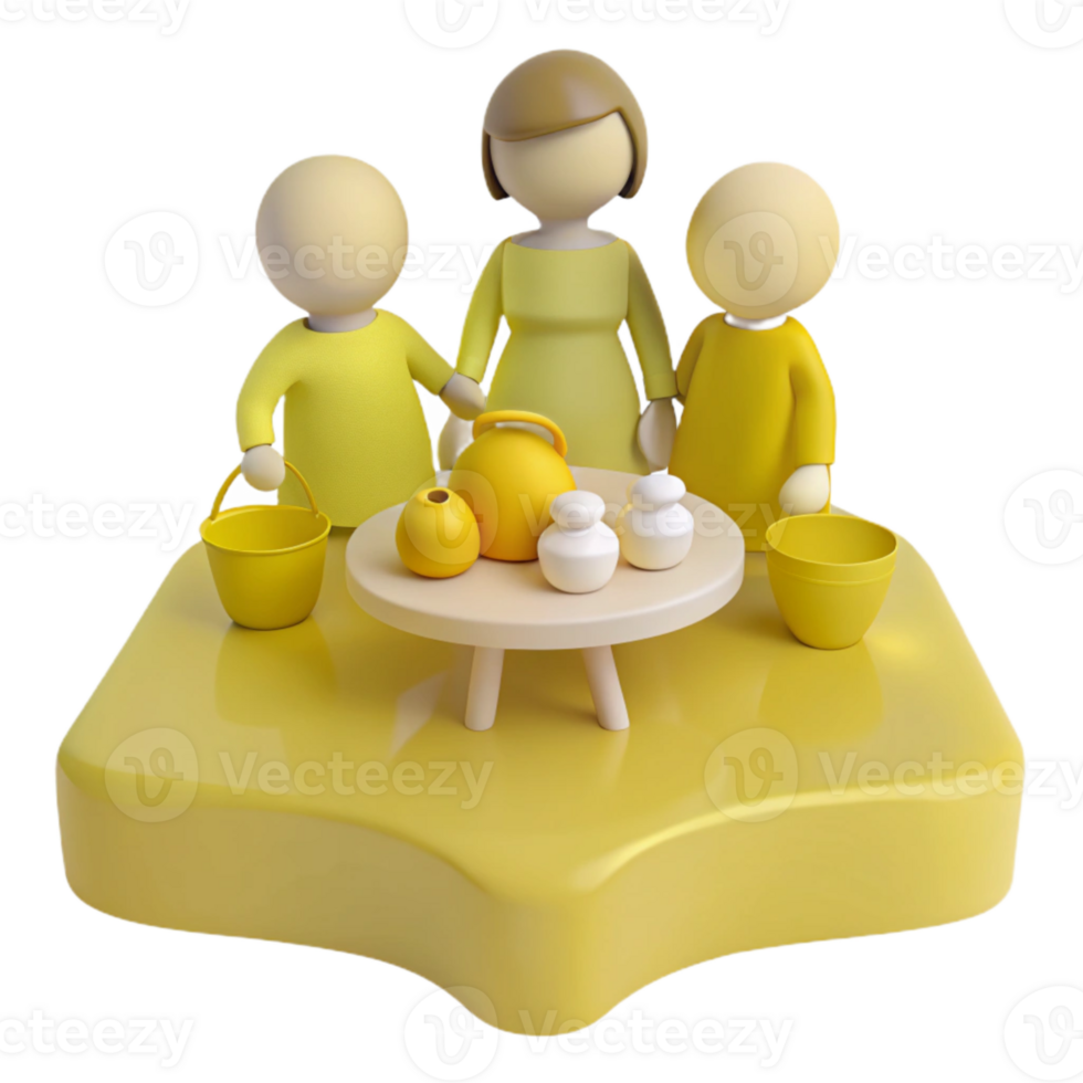 3d render do família às mesa com chaleira e panelas png