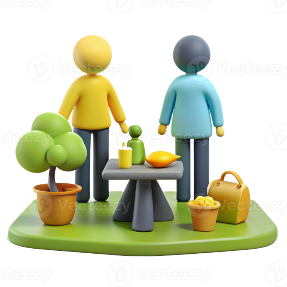 3D Render of Two Characters Enjoying Outdoor Picnic png