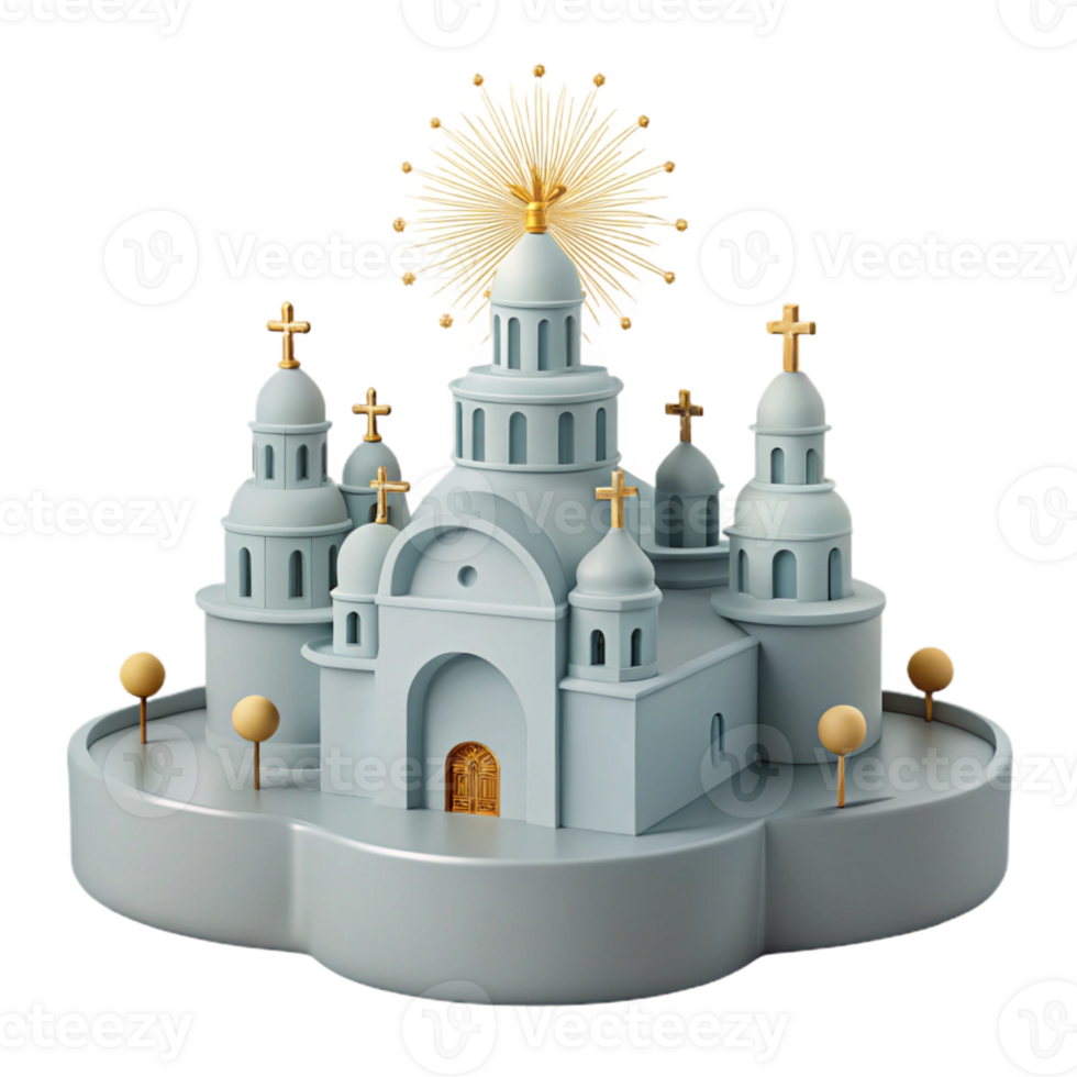3D Model of a Church with Golden Crosses and a Starburst Design png