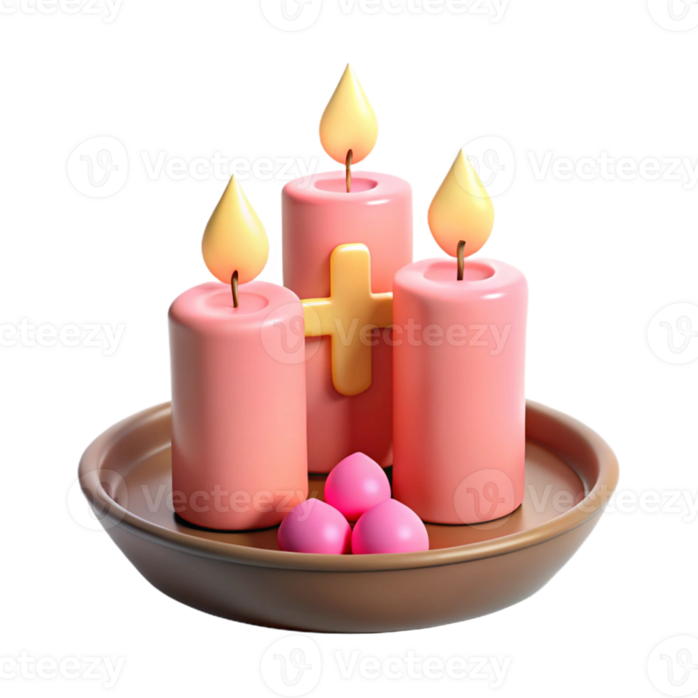 Three Pink Candles with Yellow Flames on a Brown Plate png