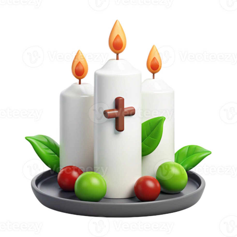 Three Lit Candles with Cross Symbol and Green Leaves on a Tray png