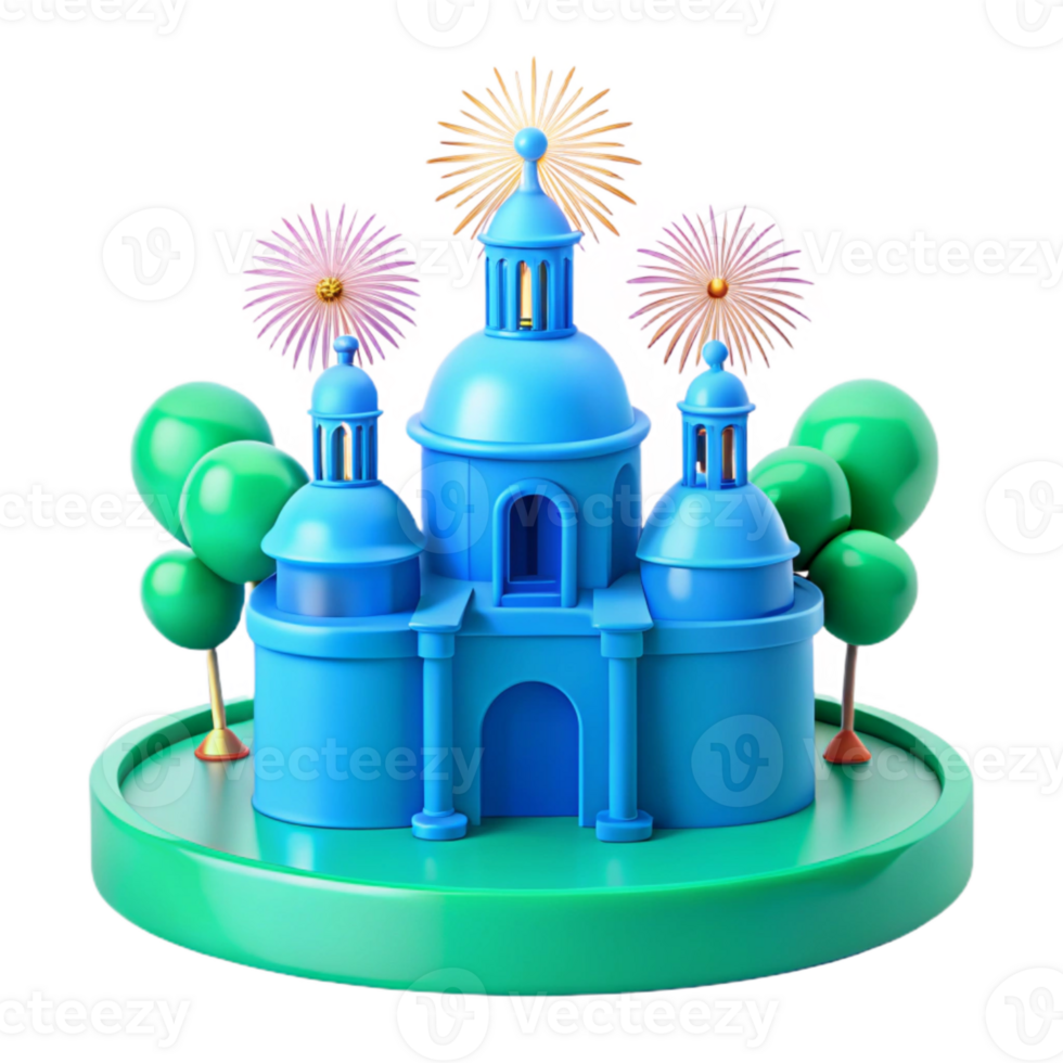 Blue 3D Building with Domed Roofs and Festive Fireworks png