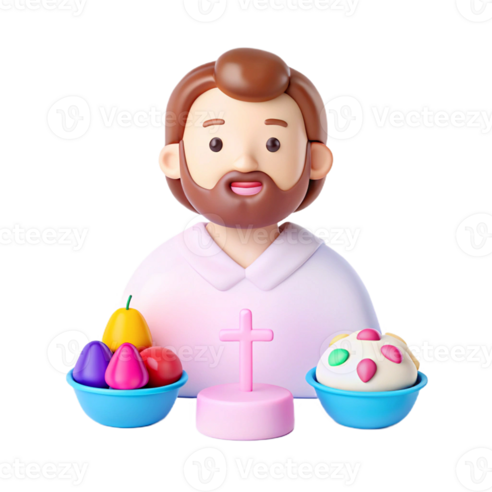 3D Cartoon Illustration of a Man with a Cross, Fruit, and Cake png