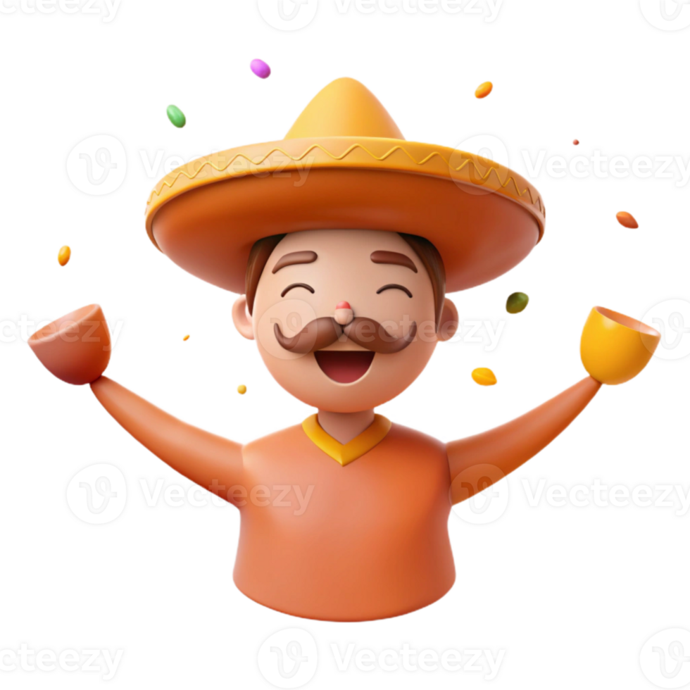 Cheerful 3D Cartoon Man in Sombrero with Confetti png