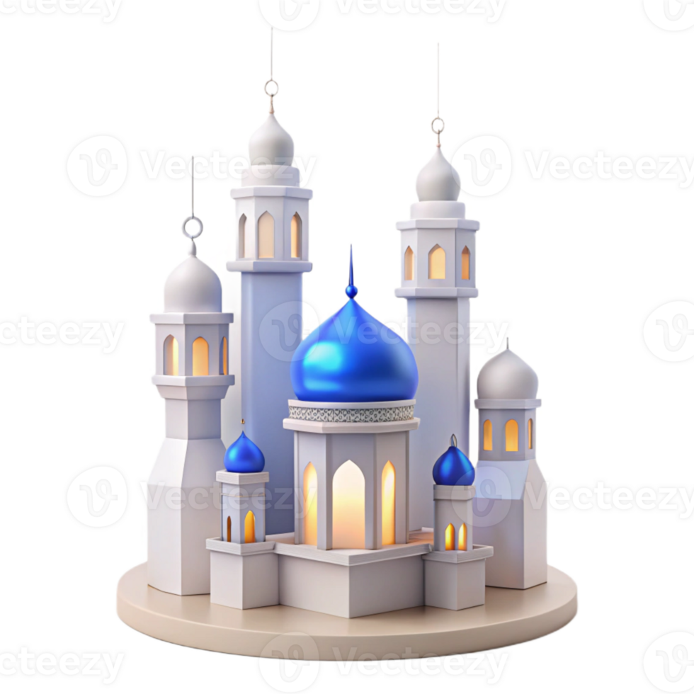 3D Render of a White Mosque with Blue Domes png