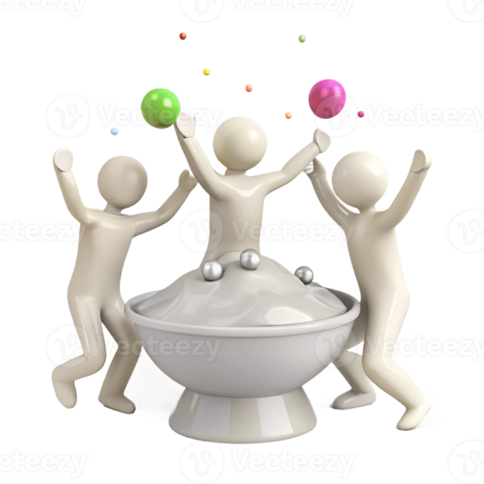 Three Stick Figures Celebrating with Colorful Balls in a Bowl of Whipped Cream png