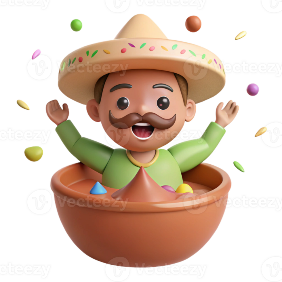 Cheerful Cartoon Man in Sombrero Celebrating in Bowl png