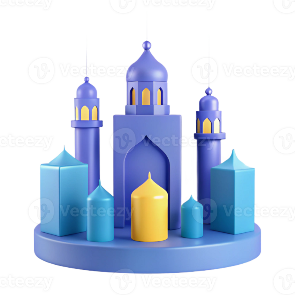 3D Rendered Mosque Illustration with Colorful Towers png