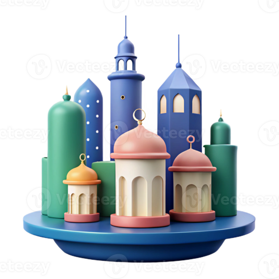 3D Illustration of a Miniature Cityscape with Islamic Architecture and Lanterns png