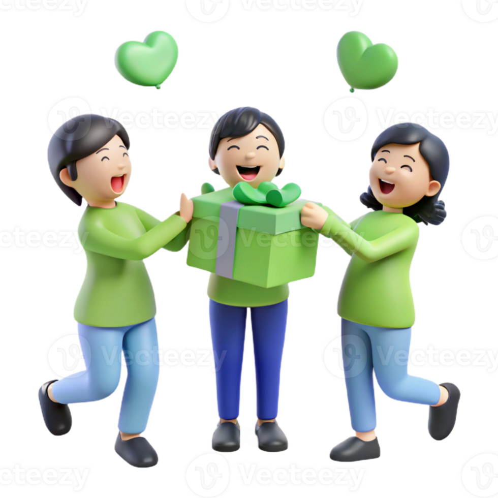 Three Cartoon Friends Surprised by a Gift png