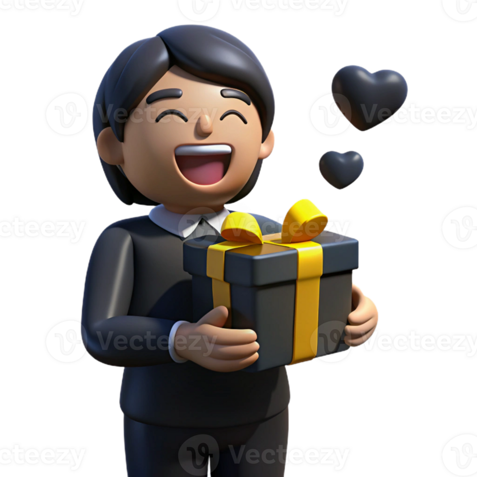 Happy 3D Character Holding a Gift Box with Yellow Ribbon png
