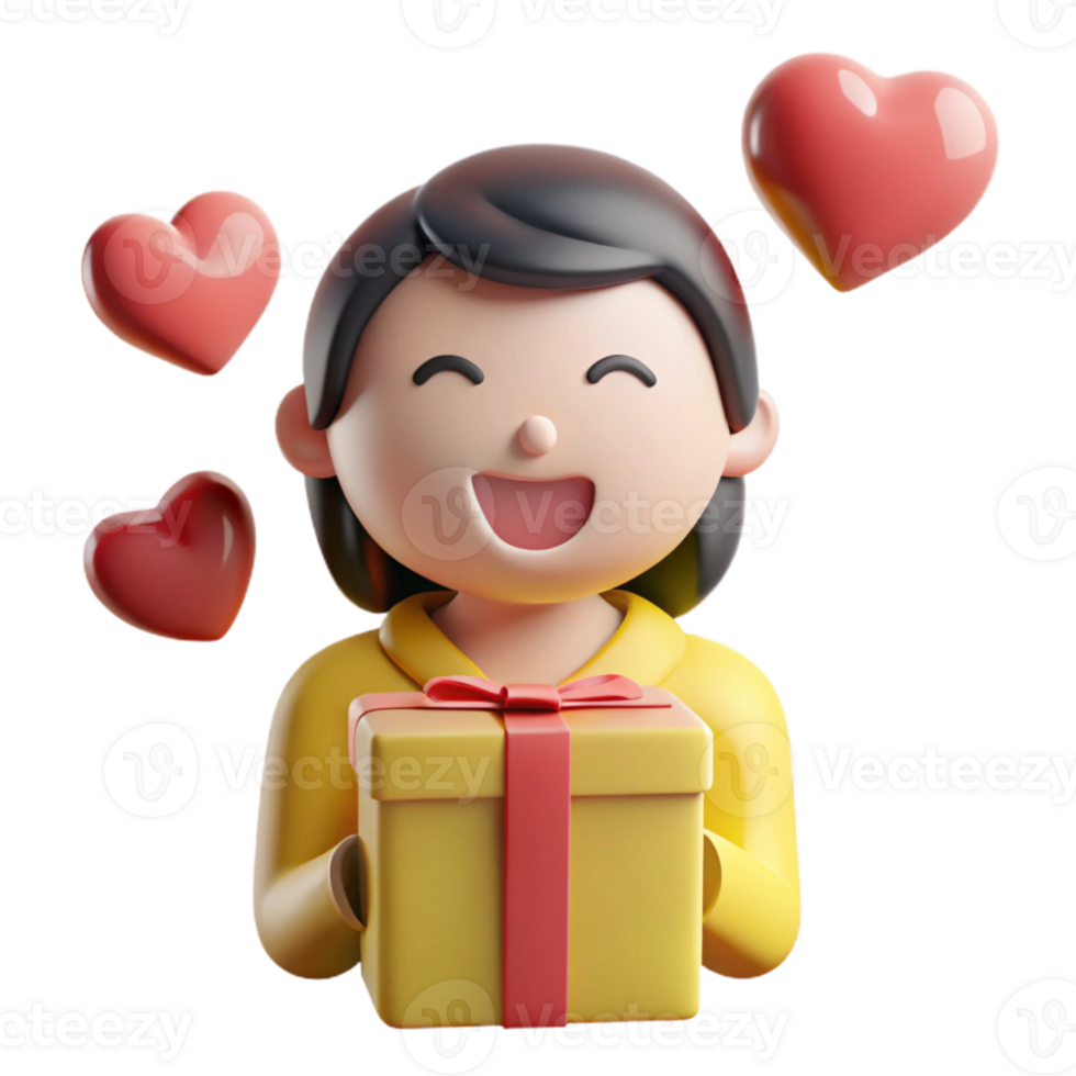 Happy 3D Character Holding a Gift Box and Surrounded by Hearts png