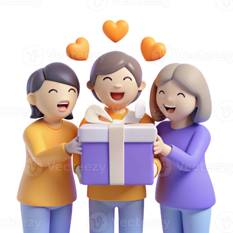 Three Friends Celebrating with a Gift and Hearts png