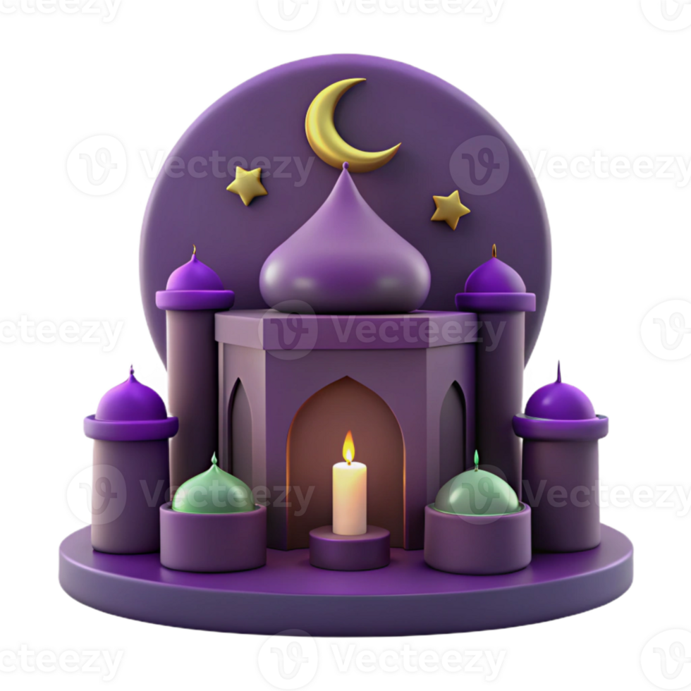 3D Render of a Mosque with a Lit Candle and a Crescent Moon png