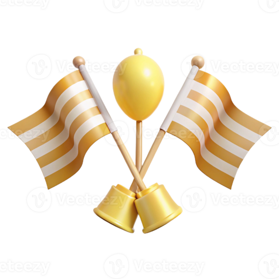 3D Rendered Golden Flags and Bell Decoration png