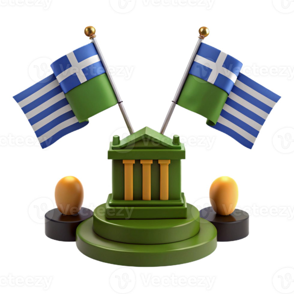 3D Render of Greek Flag, Temple, and Gold Balls png