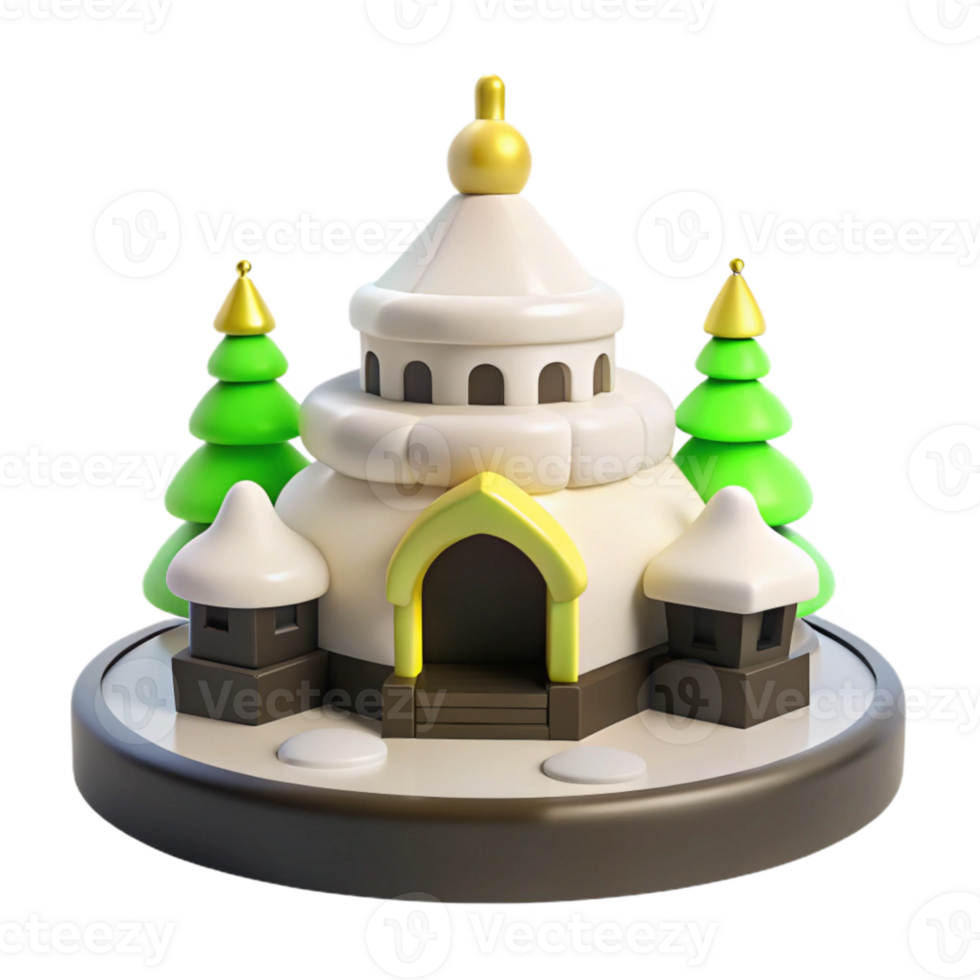 3D Render of a Winter Village Scene with an Igloo and Pine Trees png