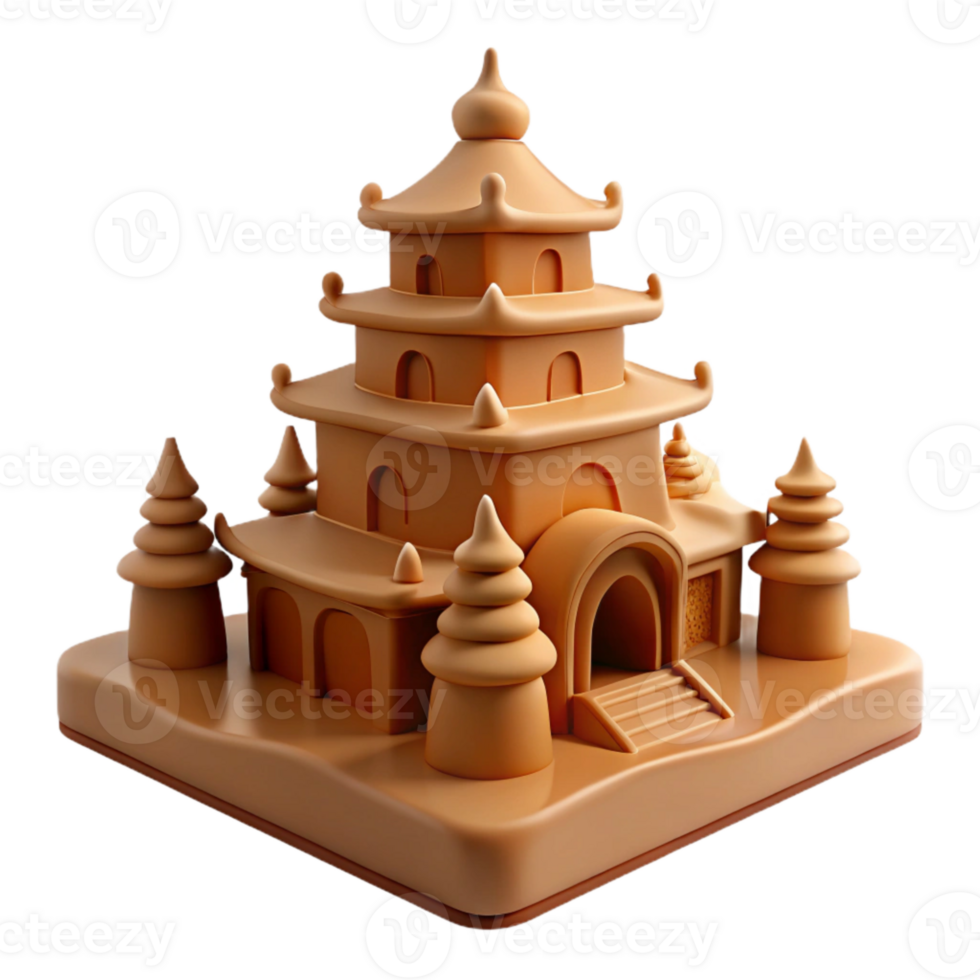 3D Render of a Pagoda with Trees png