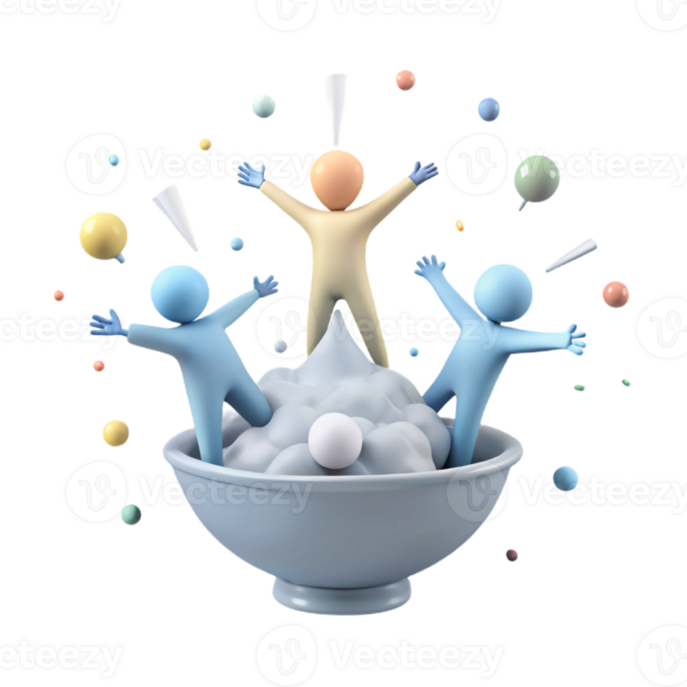 Three 3D Characters Jumping in a Bowl of Whipped Cream png