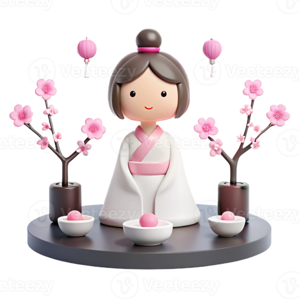 3D Render of a Traditional Asian Woman in a White Dress with Pink Flowers png