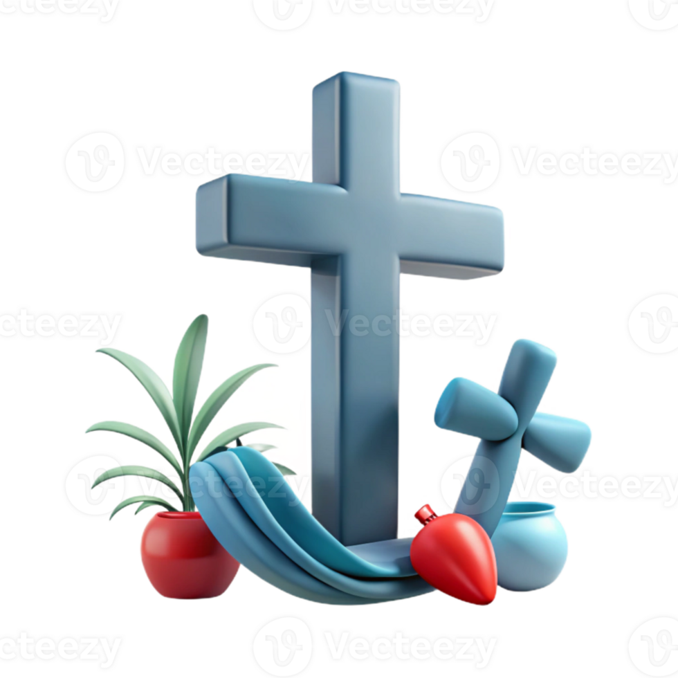 3D Render of a Cross with a Plant, Fabric, and a Small Cross png