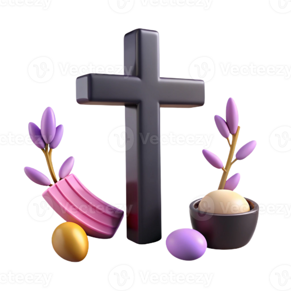 3D Render of a Cross with Spring Flowers and Eggs png