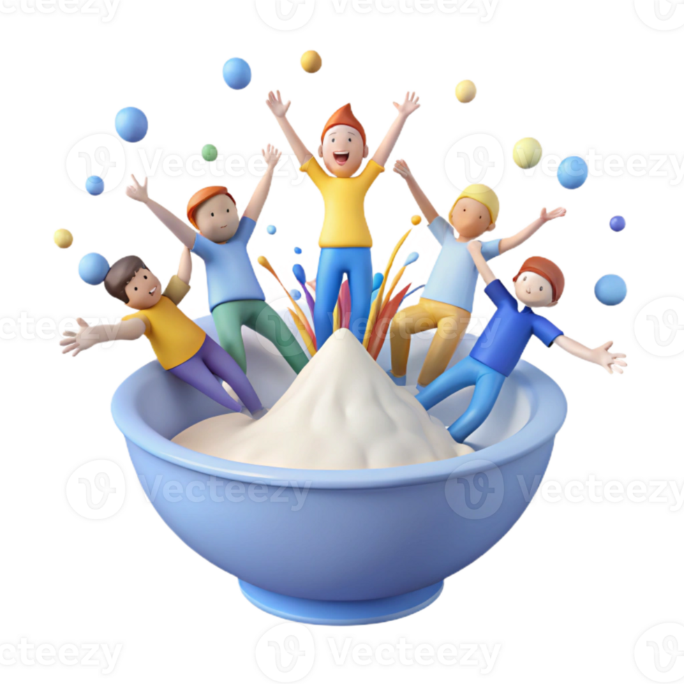 Joyful 3D Characters Celebrating in a Bowl of Whipped Cream png
